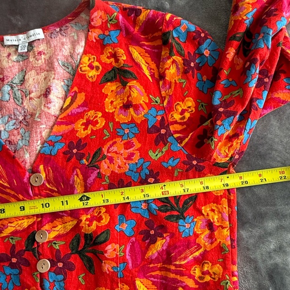 Anthropologie Maison d'Amelie Linen Blend Floral Tie-Front Blouse Size M Red EUC - Picture 5 of 10